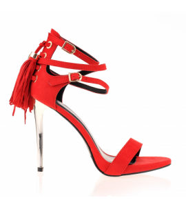 Czerwone  szpilki sandały z frędzlami-  złoty obcas
