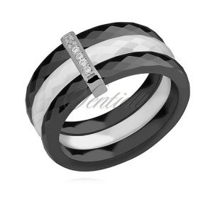 Potrójny pierścionek ceramiczny czarny i biały ze srebrnym (pr. 925) elementem - prostokąt z cyrkoni