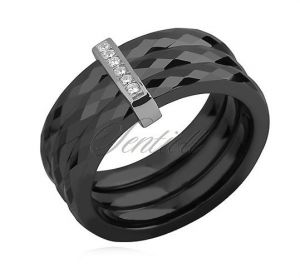 Potrójny pierścionek ceramiczny czarny ze srebrnym (pr. 925) elementem - prostokąt z cyrkoniami - Z0