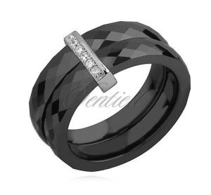 Podwójny pierścionek ceramiczny czarny ze srebrnym (pr. 925) elementem - prostokąt z cyrkoniami - Z0