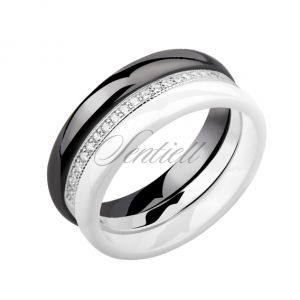 Dwa pierścionki ceramiczne biały + czarny i pierścionek srebrny z cyrkoniami - Z1207A_BW
