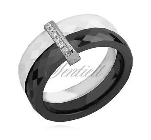 Podwójny pierścionek ceramiczny czarny i biały ze srebrnym (pr. 925) elementem - prostokąt z cyrkoni