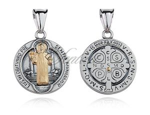 Srebrny oksydowany medalik pr.925 Święty Benedykt z pozłacanym wizerunkiem - M0190OX_Z