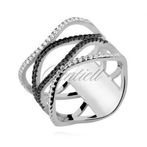 Srebrny, duży pierścionek falowany pr.925 cyrkonia biała i czarna - Z1013